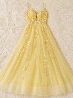 Alyce Paris Yellow Spaghetti-Strap Prom Dress